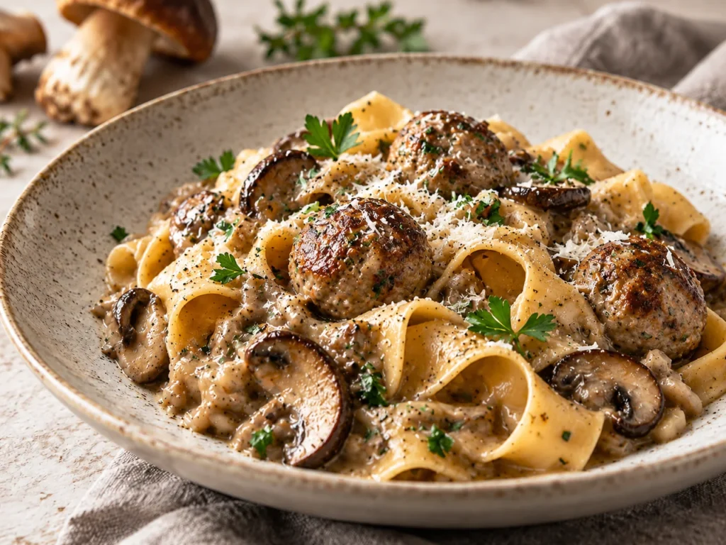 Pappardelle con Salsa de Hongos y Albóndigas