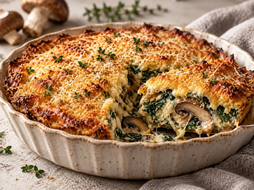 Pastel de Setas y Espinacas con Costra de Parmesano