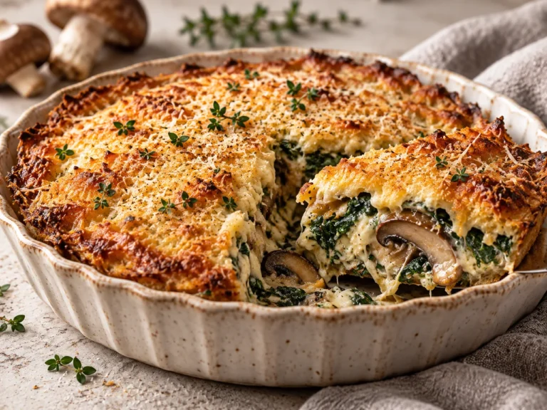 Pastel de Setas y Espinacas con Costra de Parmesano