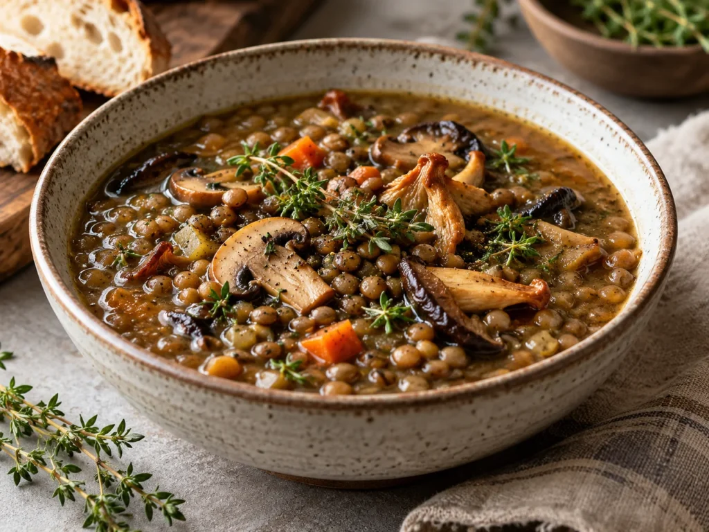 Sopa de Lentejas con Setas y Tomillo Fresco