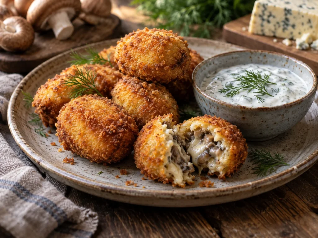 Croquetas de Setas y Queso Azul con Salsa de Yogur y Eneldo