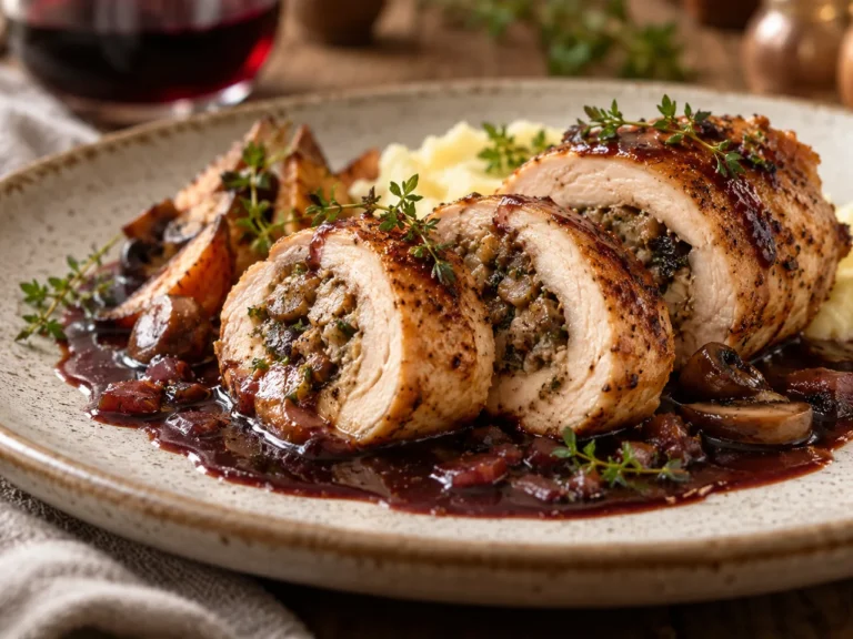 Pollo Relleno de Setas y Hierbas con Salsa de Vino Tinto