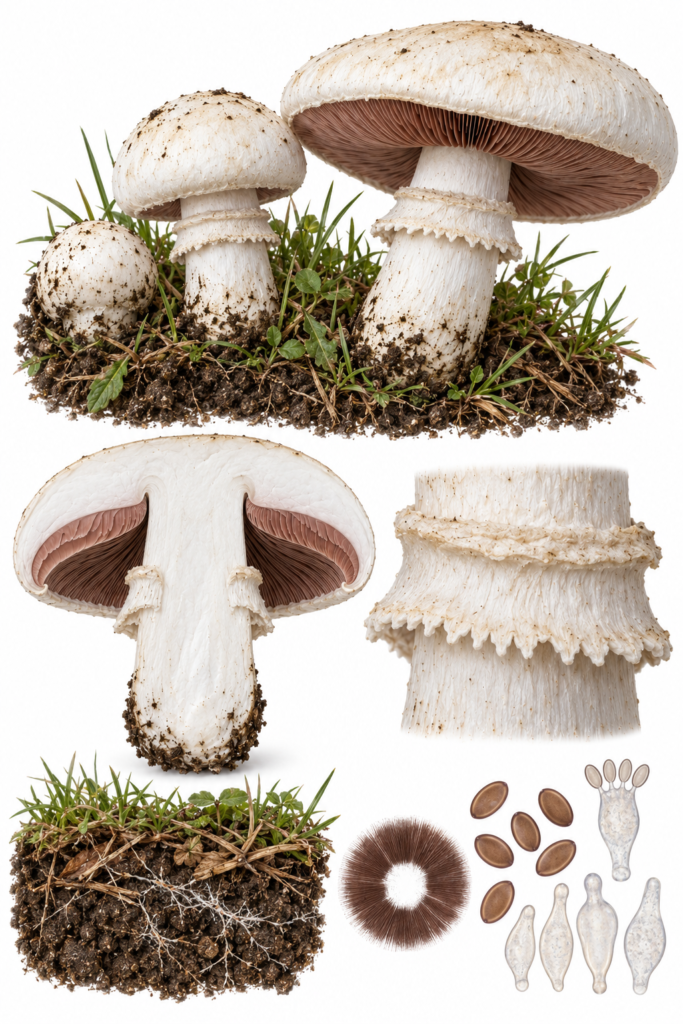 Lámina científica de Agaricus arvensis con ejemplares en distintos estadios, sección longitudinal y caracteres diagnósticos