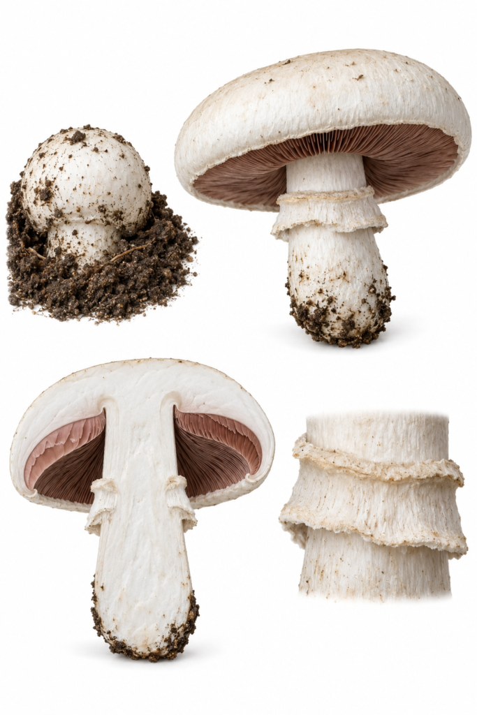 Lámina científica de Agaricus bitorquis con ejemplares en distintos estadios, sección longitudinal y caracteres diagnósticos