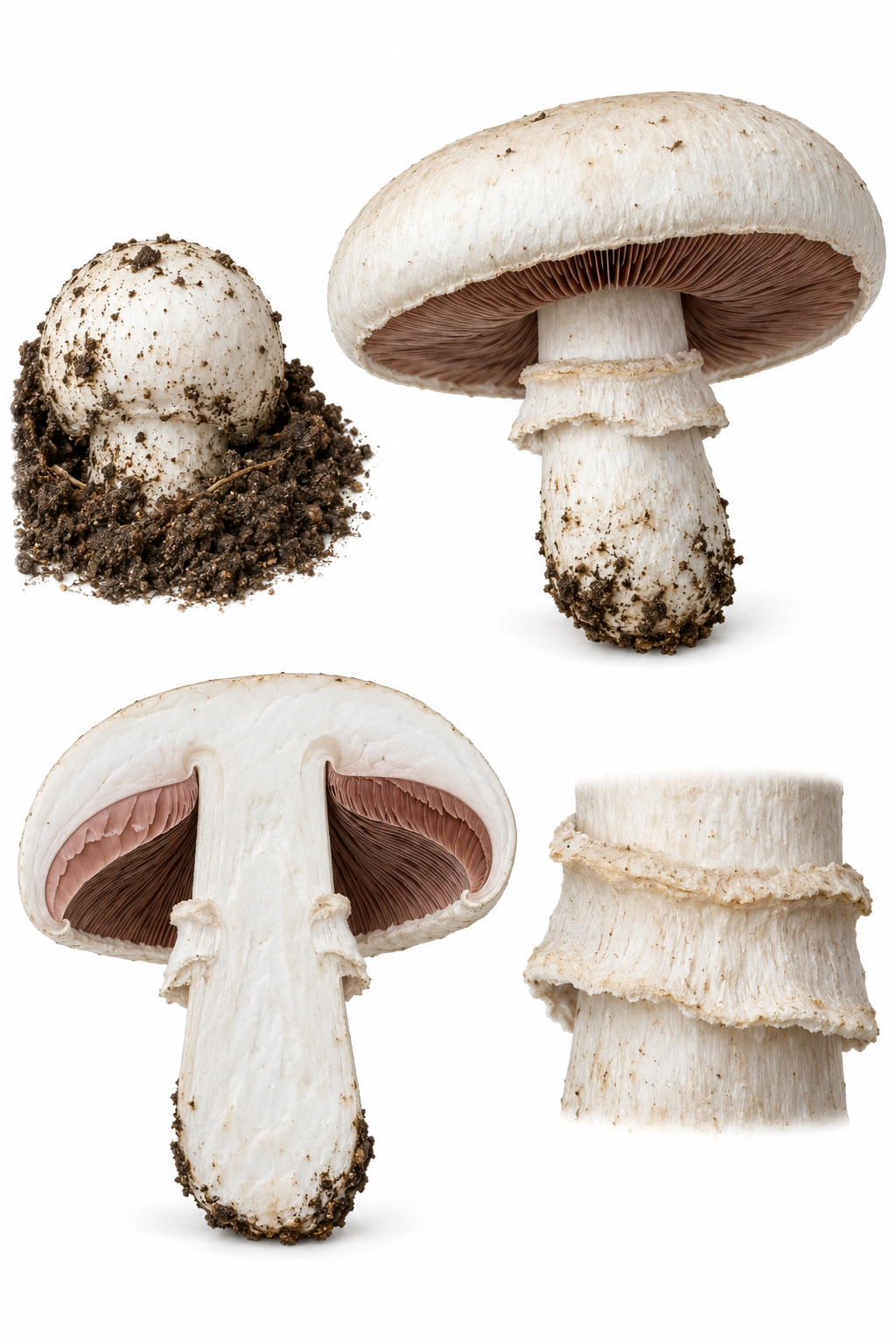 Lámina científica de Agaricus bitorquis con ejemplares en distintos estadios, sección longitudinal y caracteres diagnósticos