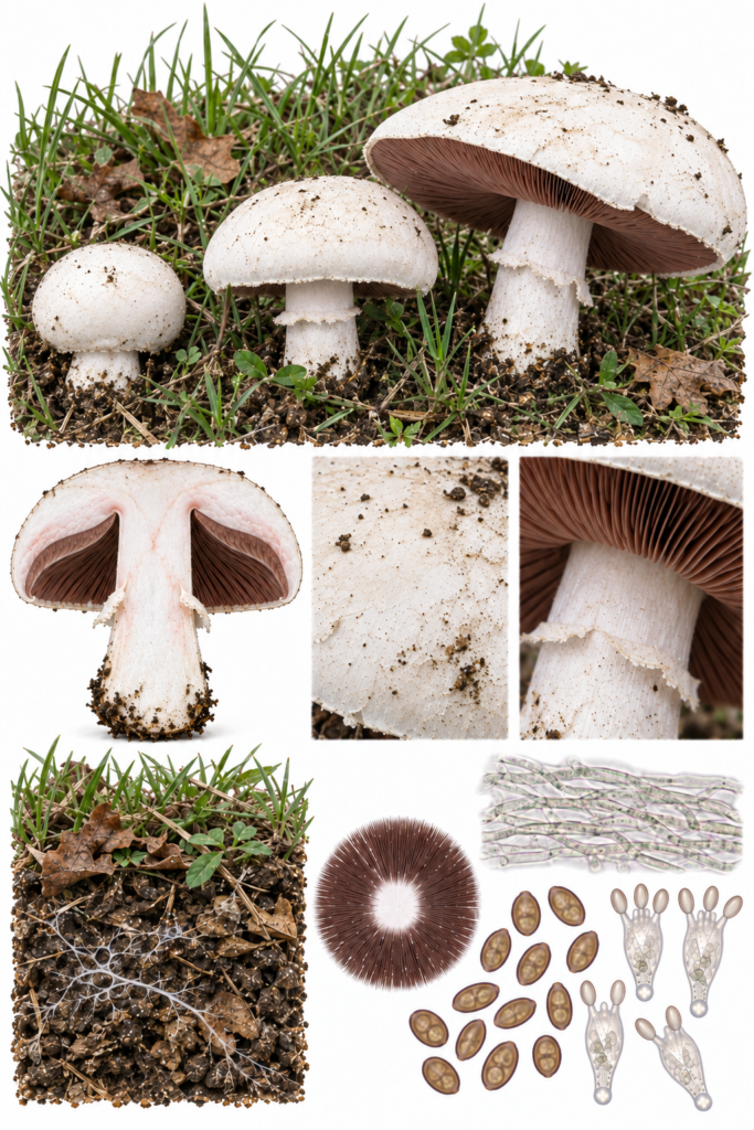 Lámina científica de Agaricus campestris con ejemplares en distintos estadios, sección longitudinal y caracteres diagnósticos