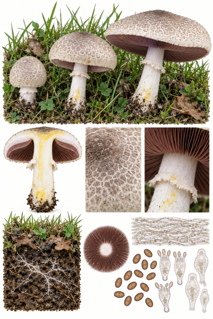 Lámina científica de Agaricus moelleri con ejemplares en distintos estadios, sección longitudinal y caracteres diagnósticos