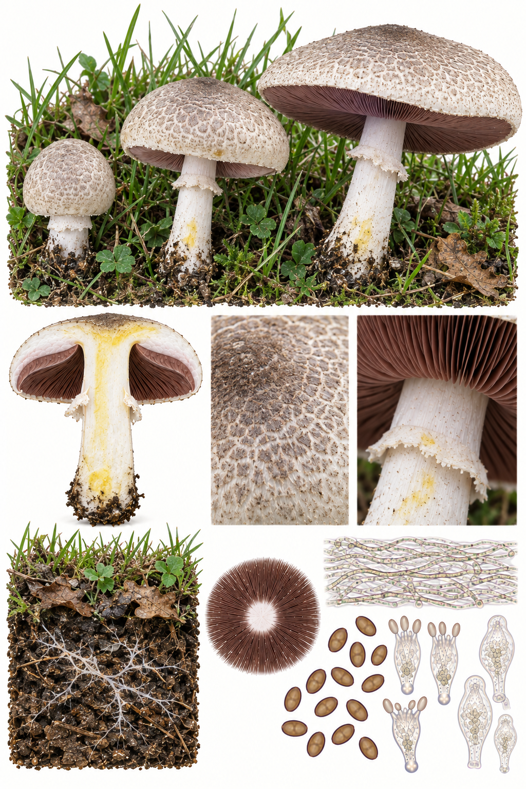 Lámina científica de Agaricus moelleri con ejemplares en distintos estadios, sección longitudinal y caracteres diagnósticos