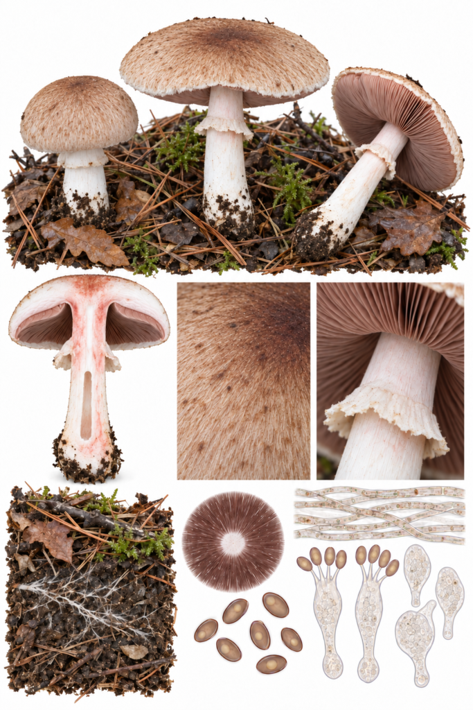 Lámina científica de Agaricus sylvaticus con ejemplares en distintos estadios, sección longitudinal y caracteres diagnósticos