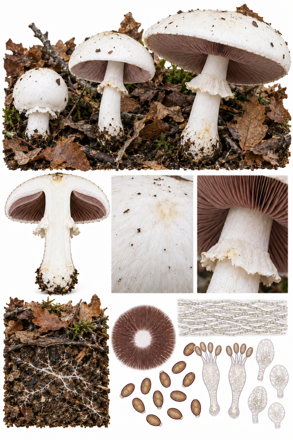 Lámina científica de Agaricus sylvicola con ejemplares en distintos estadios, sección longitudinal y caracteres diagnósticos