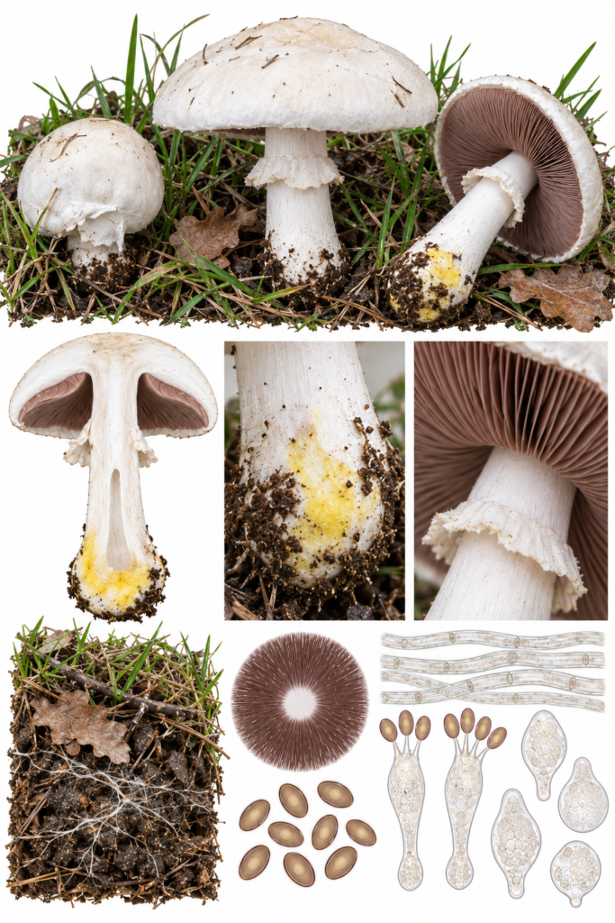 Lámina científica de Agaricus xanthodermus con ejemplares en distintos estadios, sección longitudinal y caracteres diagnósticos