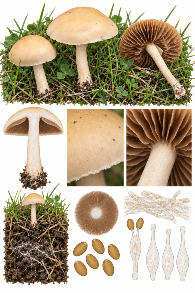 Lámina científica de Agrocybe pediades con morfología de pradera, esporas, cistidios y microanatomía
