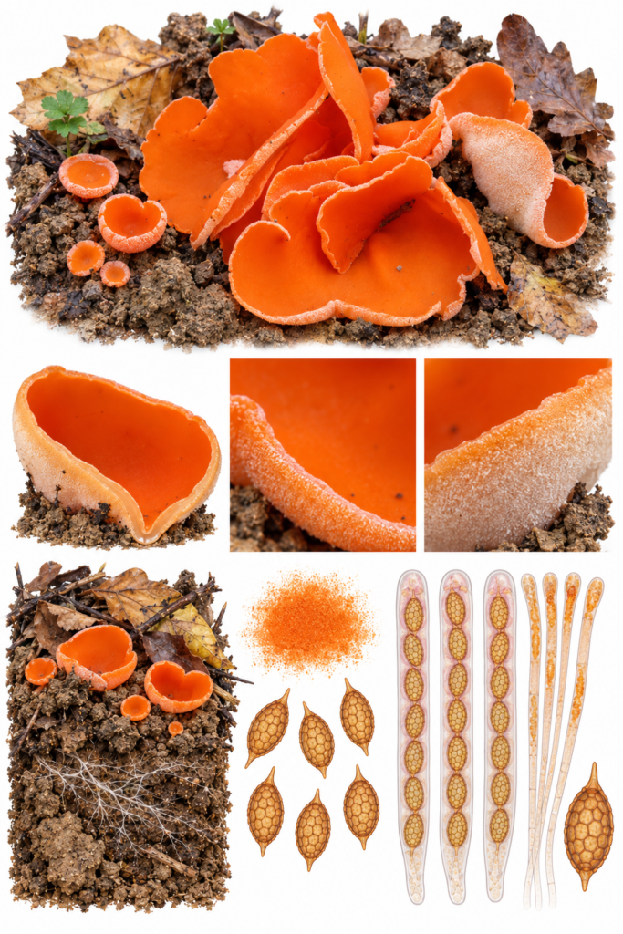 Lámina científica de Aleuria aurantia con apotecios naranjas, hábitat de suelo desnudo y microscopía de ascas y ascosporas reticuladas