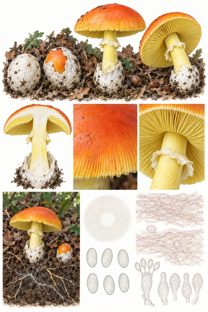Lámina científica de Amanita caesarea con sombrero naranja, láminas y pie amarillos y volva blanca saciforme