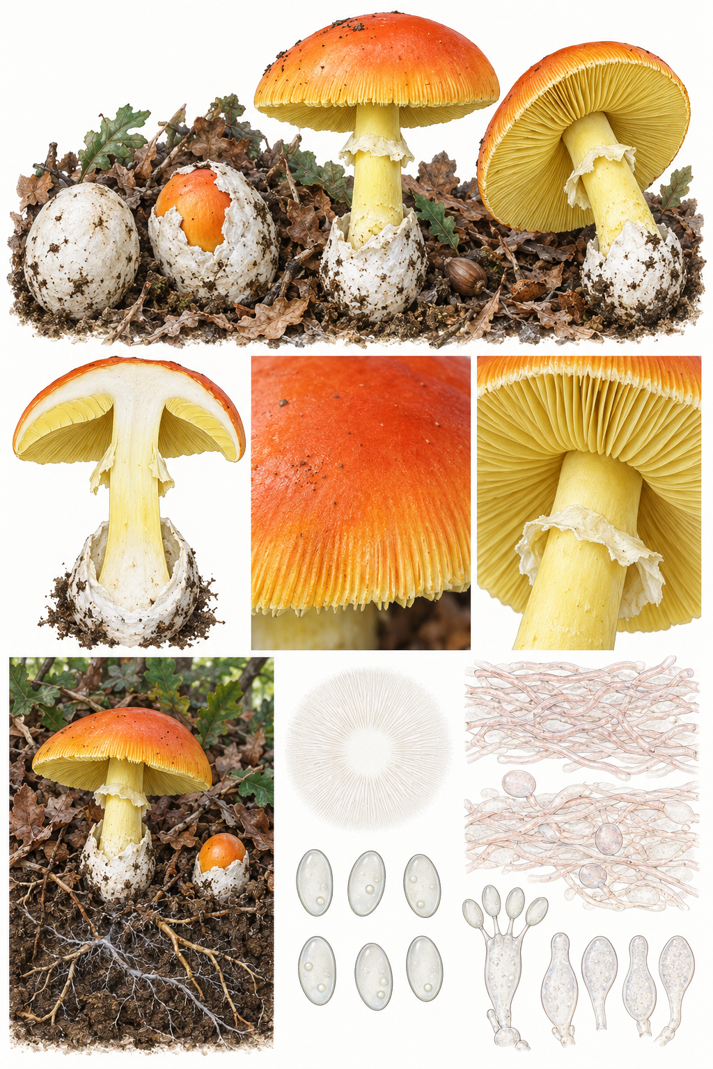 Lámina científica de Amanita caesarea con sombrero naranja, láminas y pie amarillos y volva blanca saciforme