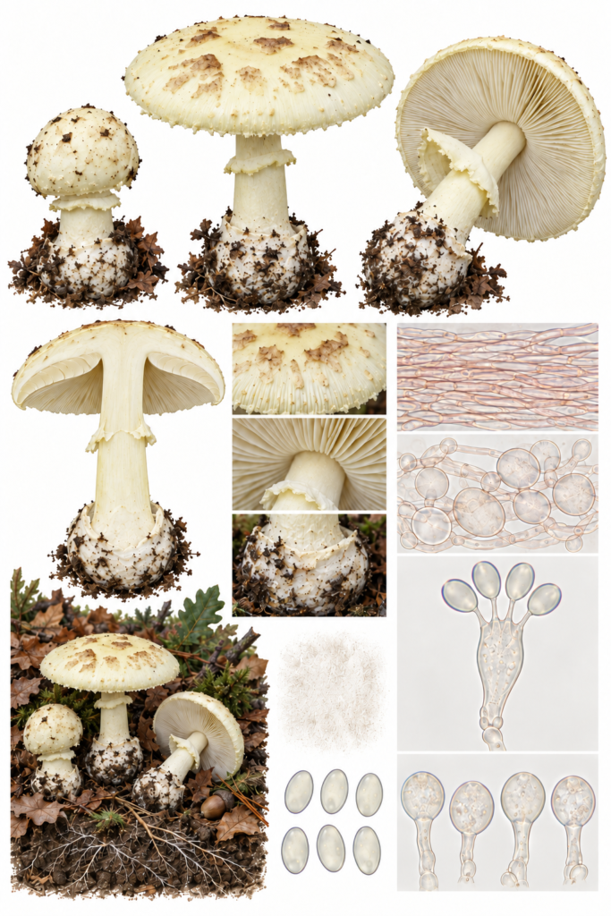Lámina científica de Amanita citrina con sombrero amarillo pálido, láminas blancas, anillo y bulbo marginado
