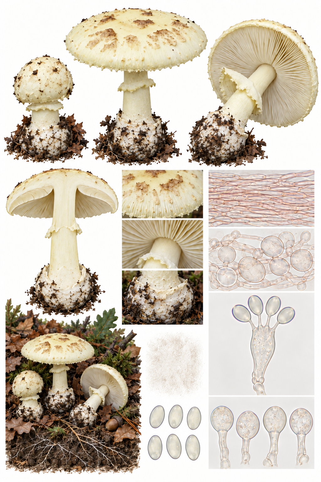 Lámina científica de Amanita citrina con sombrero amarillo pálido, láminas blancas, anillo y bulbo marginado