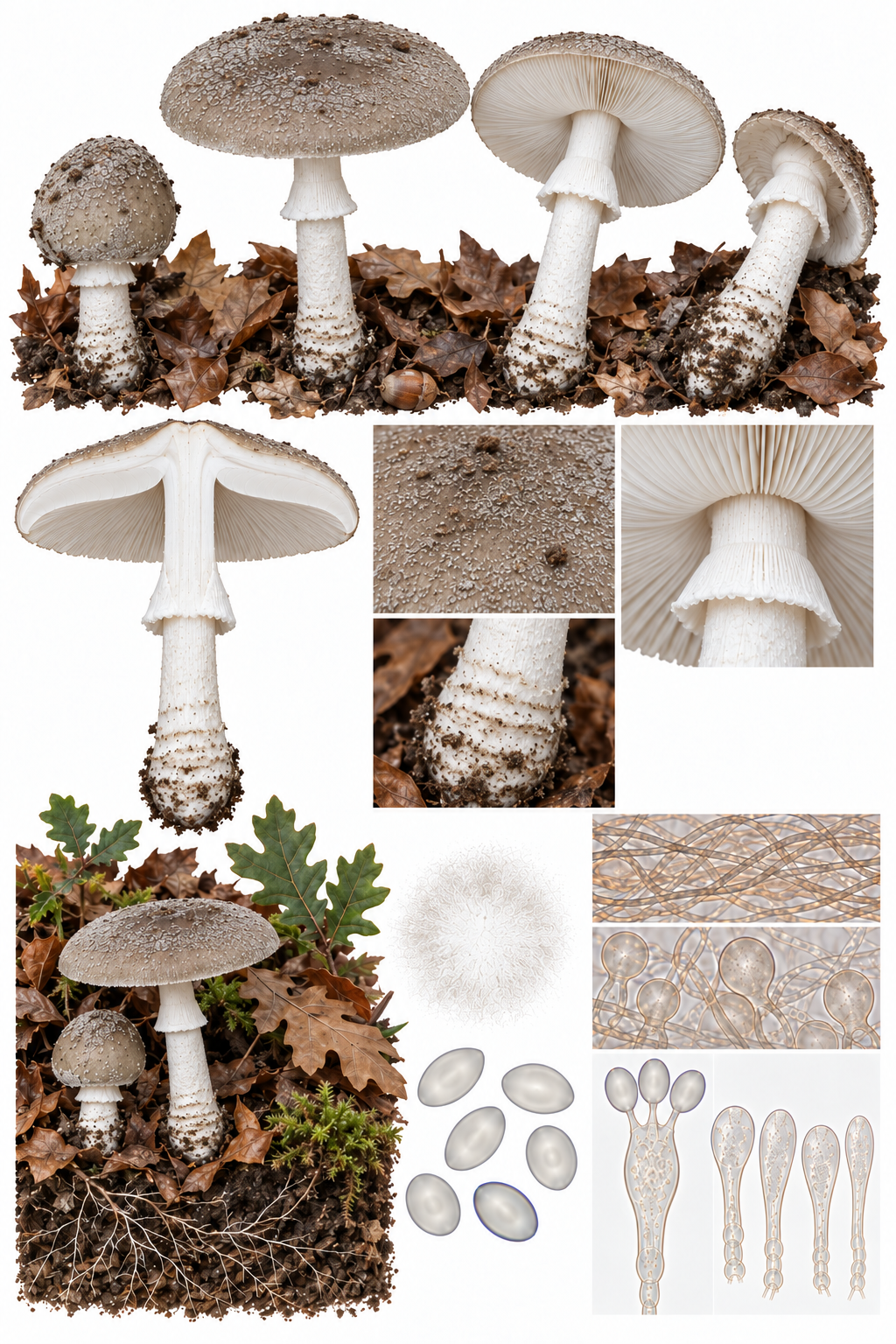 Lámina científica de Amanita excelsa con sombrero pardo grisáceo, anillo y base bulbosa