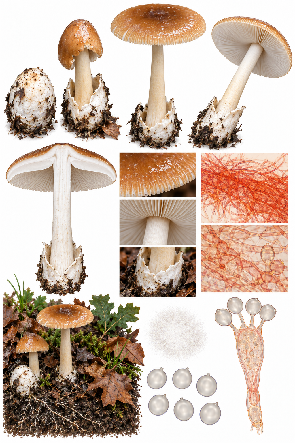 Lámina científica de Amanita fulva con sombrero leonado, margen estriado, pie sin anillo y volva blanca