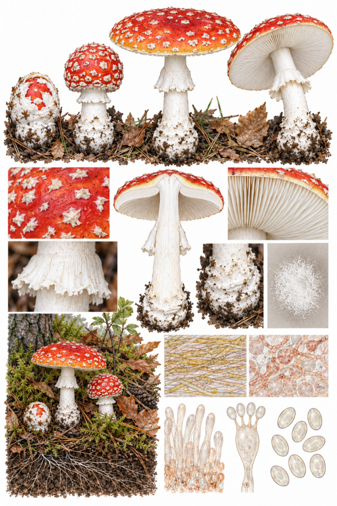 Lámina científica de Amanita muscaria con sombrero rojo, verrugas blancas, láminas blancas, anillo y base bulbosa
