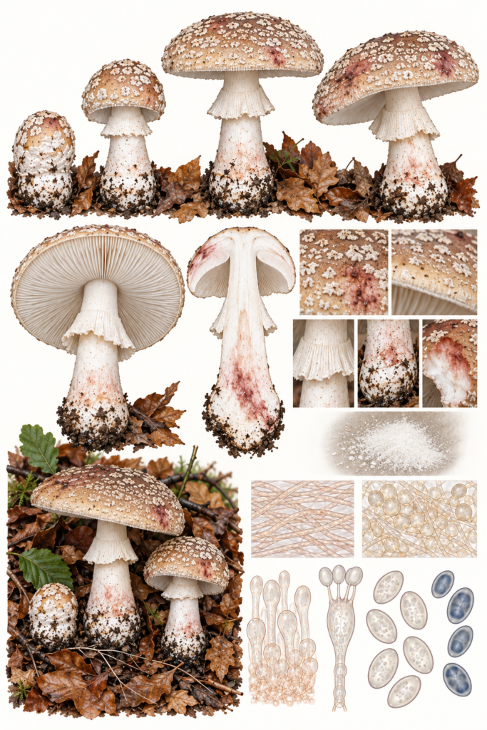 Lámina científica de Amanita rubescens con tonos vinosos, carne enrojeciente, anillo estriado y base bulbosa