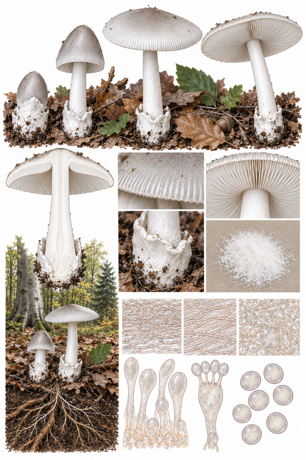 Lámina científica del complejo Amanita vaginata s.l. con sombrero gris estriado, pie sin anillo y volva saciforme