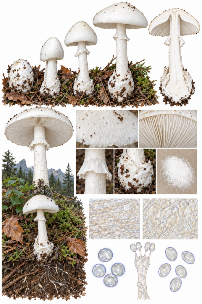 Lámina científica de Amanita virosa blanca con sombrero cónico, anillo delicado y volva saciforme