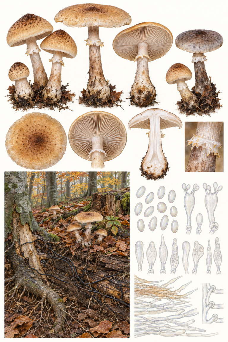 Lámina científica de Armillaria cepistipes con sombrero escamoso, anillo, base engrosada, madera y microscopía
