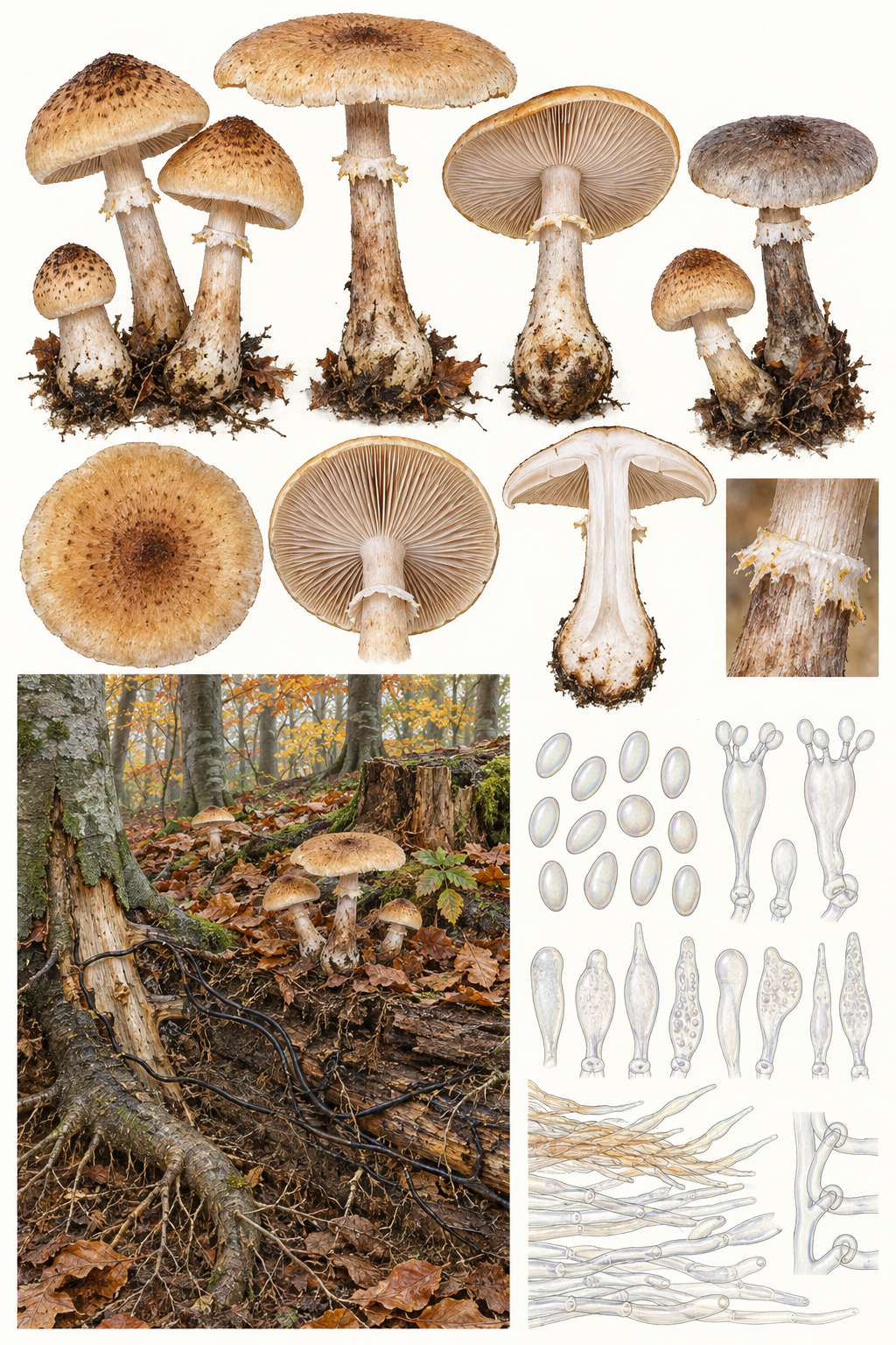 Lámina científica de Armillaria cepistipes con sombrero escamoso, anillo, base engrosada, madera y microscopía