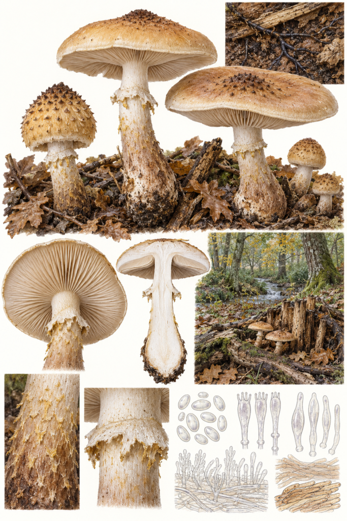 Lámina micológica de Armillaria gallica con sombreros escamosos, base bulbosa, anillo, madera, rizomorfos y microscopía