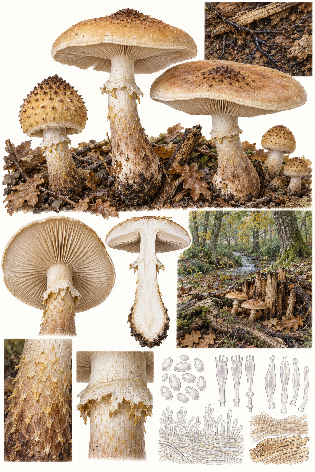 Lámina micológica de Armillaria gallica con sombreros escamosos, base bulbosa, anillo, madera, rizomorfos y microscopía
