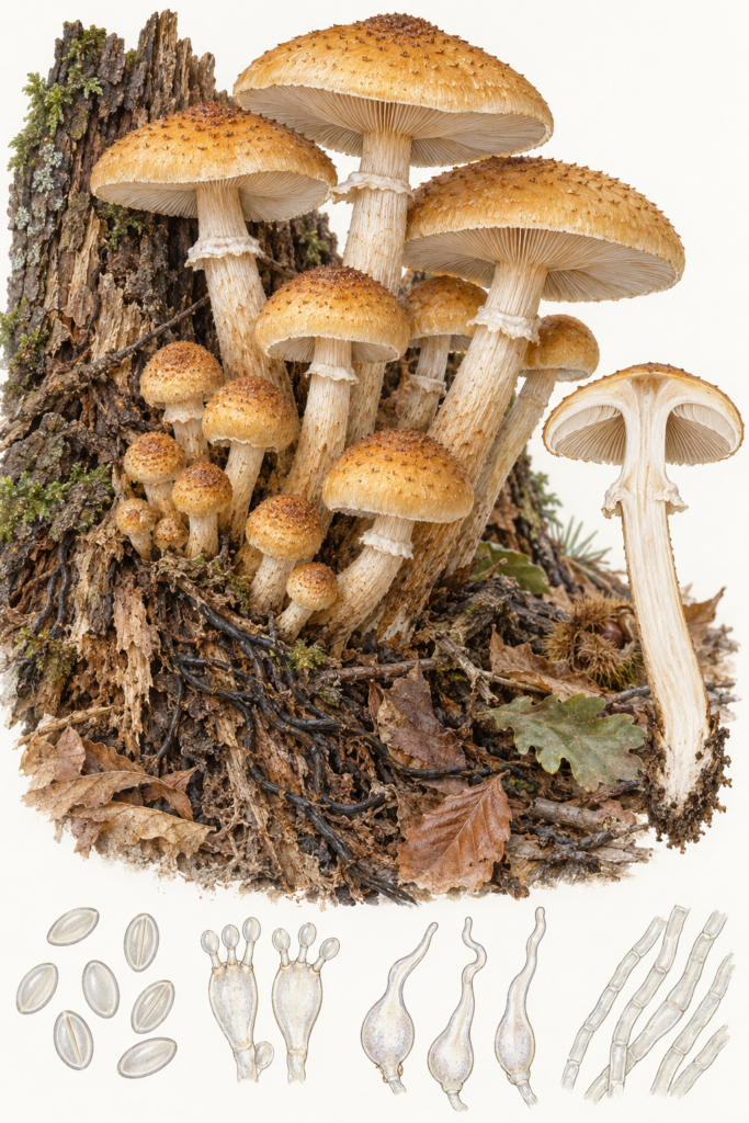 Lámina científica de Armillaria mellea en racimos sobre tocón, con anillo, láminas claras, rizomorfos y microscopía