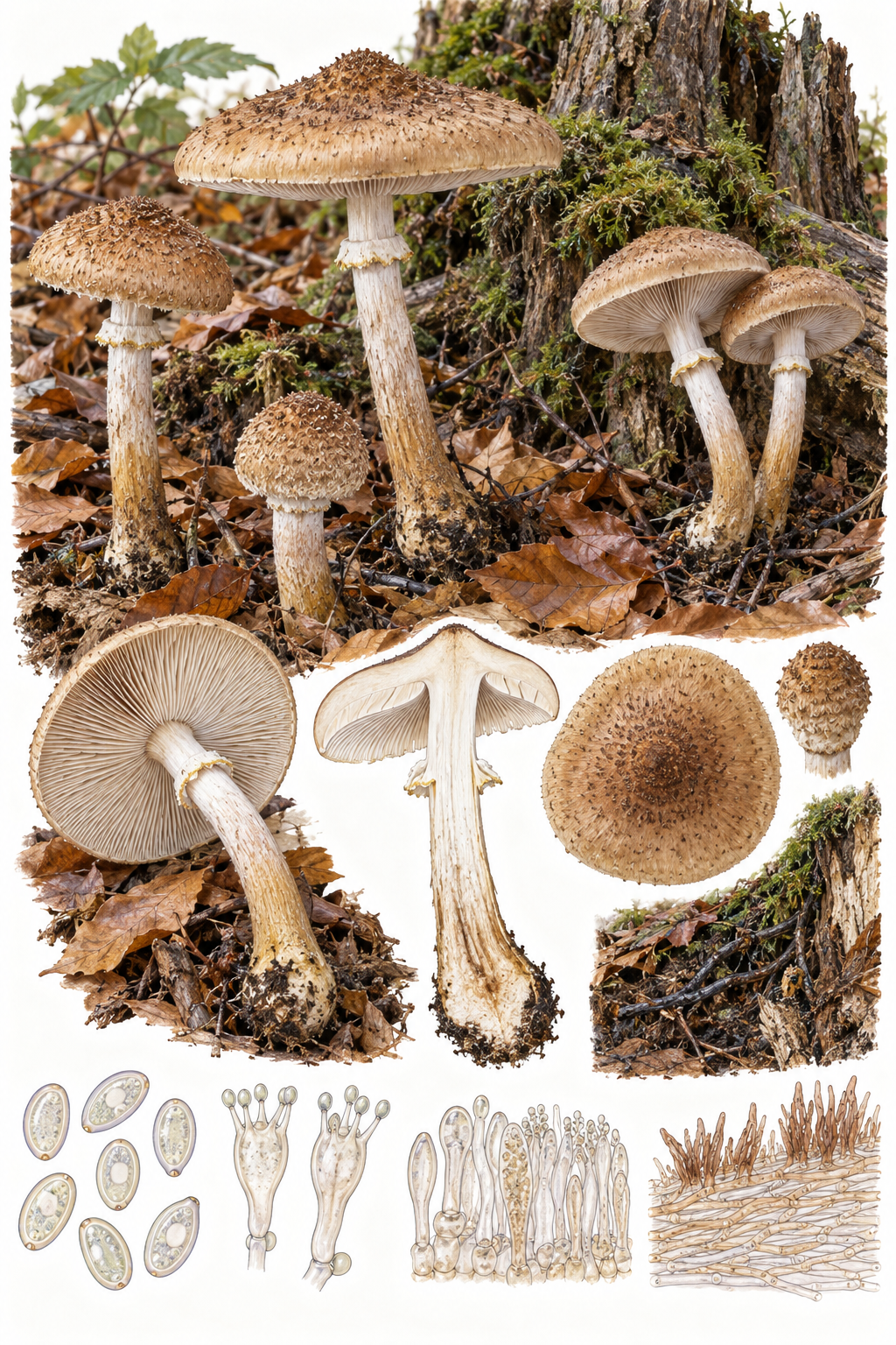 Lámina científica de Armillaria ostoyae con ejemplares pardos, anillo, base bulbosa, rizomorfos, coníferas y microscopía