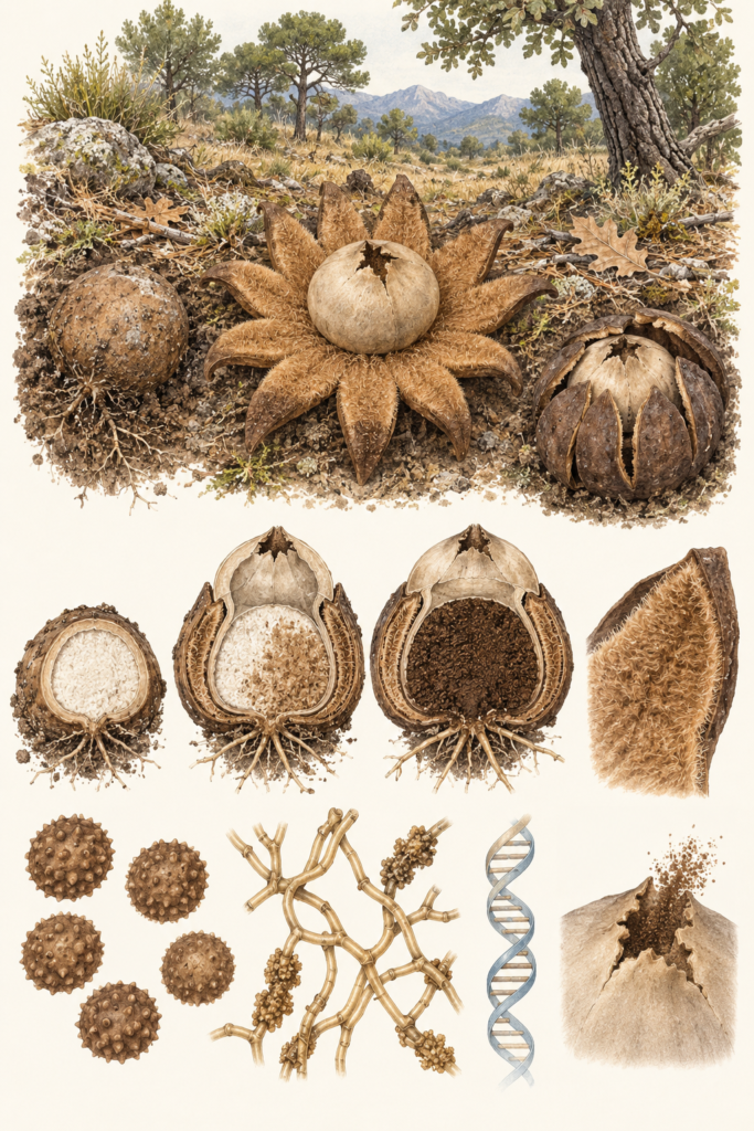 Lámina científica de Astraeus telleriae con brazos higroscópicos lanosos, saco esporal pálido, hábitat mediterráneo y microscopía