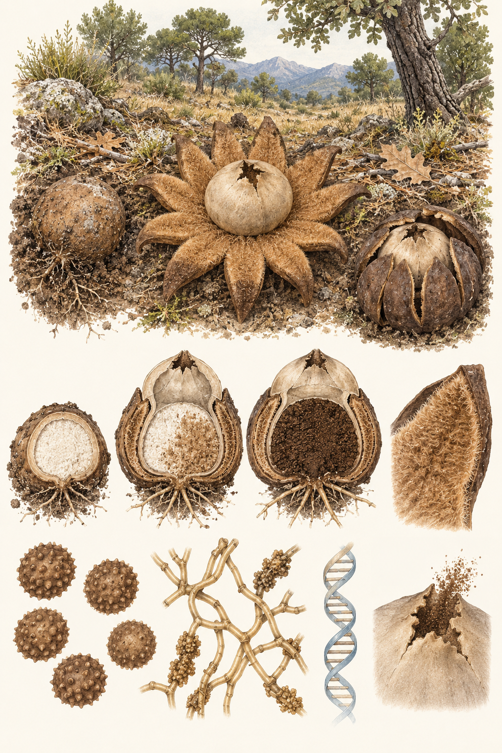 Lámina científica de Astraeus telleriae con brazos higroscópicos lanosos, saco esporal pálido, hábitat mediterráneo y microscopía