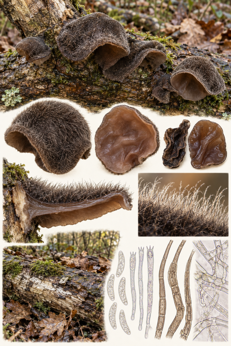 Auricularia nigricans, hongo gelatinoso auriculiforme oscuro y densamente tomentoso sobre madera de frondosa.