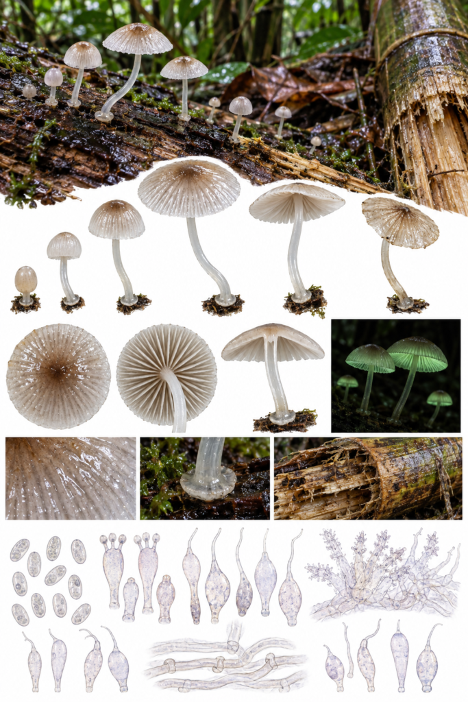 Basidopus chlorophos sobre madera y bambú húmedos, con pequeños basidiomas blanquecinos y bioluminiscencia verde tenue en el píleo y las láminas.