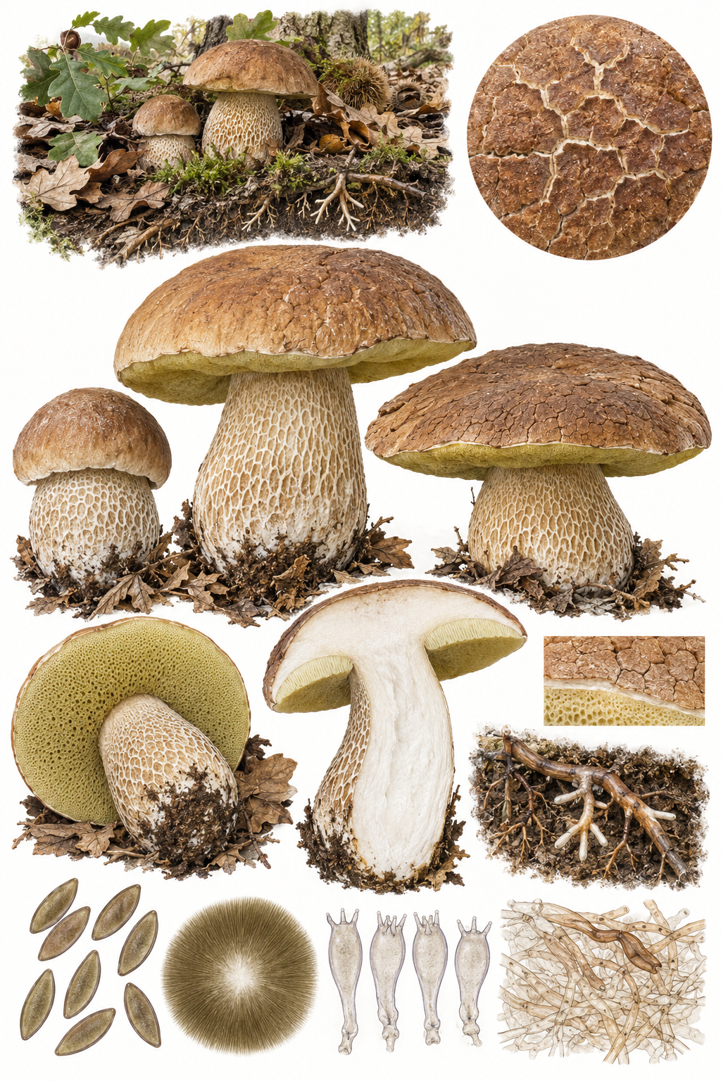Lámina científica de Boletus reticulatus con sombrero claro agrietado, poros, retículo extenso, sección, bosque de frondosas y microscopía