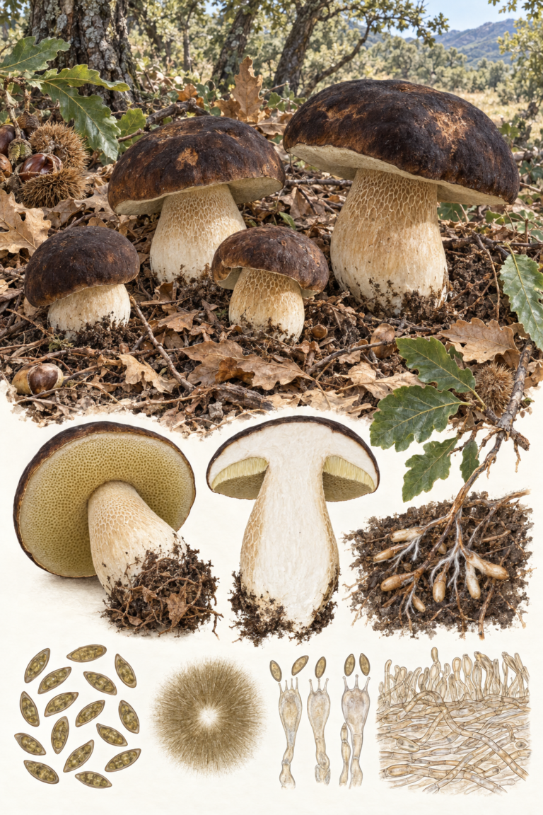 Lámina científica de Boletus aereus con sombrero bronce oscuro, poros, pie reticulado, sección, hábitat de frondosas y microscopía