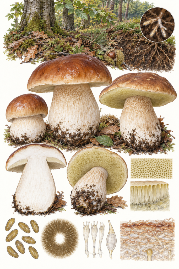 Lámina científica de Boletus edulis con sombrero avellana, margen claro, poros, pie reticulado, sección, hábitat ectomicorrícico y microscopía