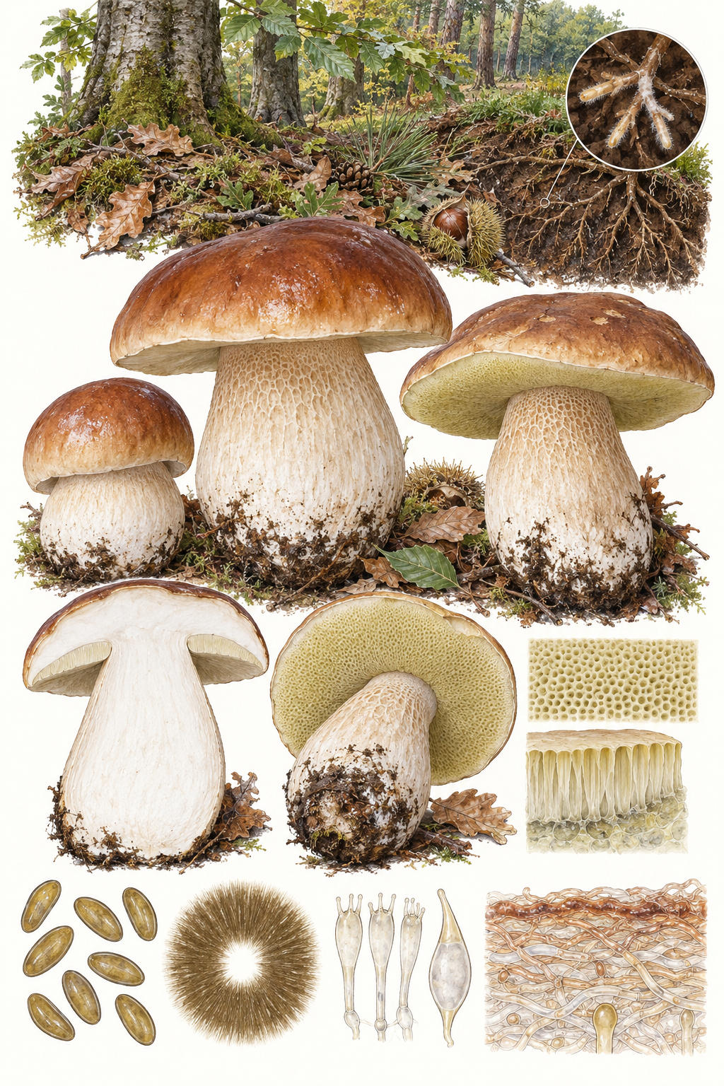 Lámina científica de Boletus edulis con sombrero avellana, margen claro, poros, pie reticulado, sección, hábitat ectomicorrícico y microscopía