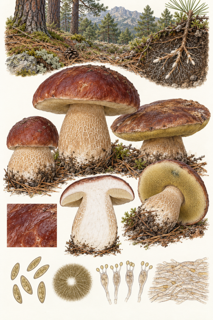 Lámina científica de Boletus pinophilus con sombrero caoba, poros, pie reticulado, sección, pinar de Gredos y microscopía