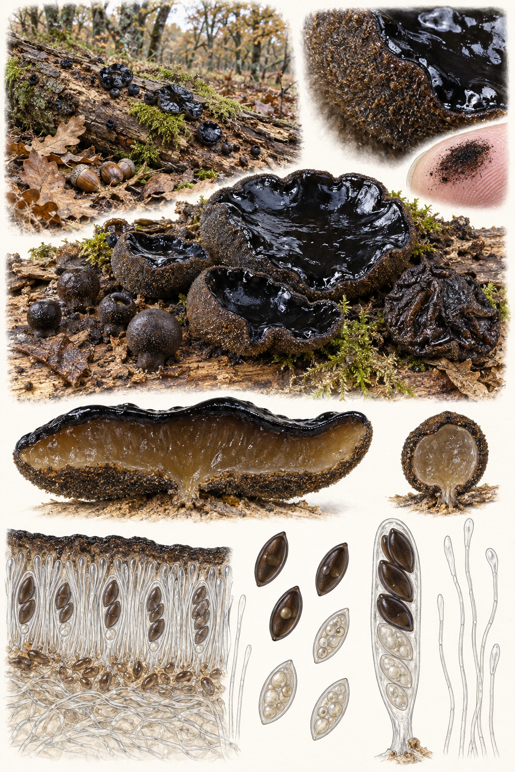 Apotecios negros, brillantes y gelatinosos de Bulgaria inquinans agrupados sobre madera muerta de frondosa