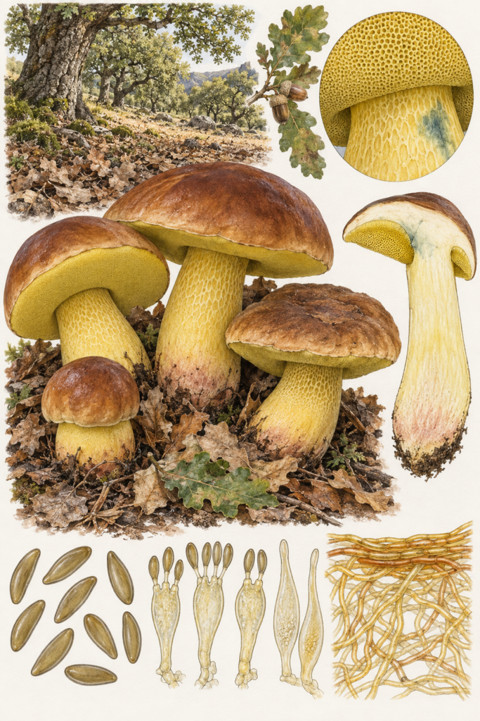 Lámina científica de Butyriboletus appendiculatus con sombrero pardo, poros amarillos, pie reticulado, sección y bosque de robles