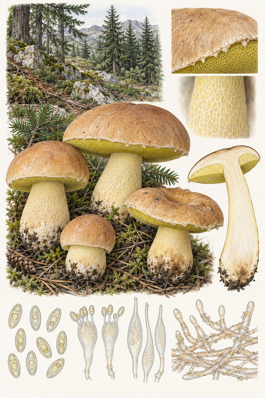 Lámina comparativa de Butyriboletus subappendiculatus con sombrero beige, poros amarillos, pie reticulado y bosque montano de coníferas