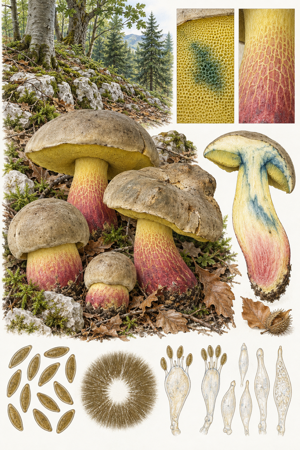 Lámina naturalista de Caloboletus calopus con sombrero gris, poros amarillos azulantes, pie rojo reticulado y sección