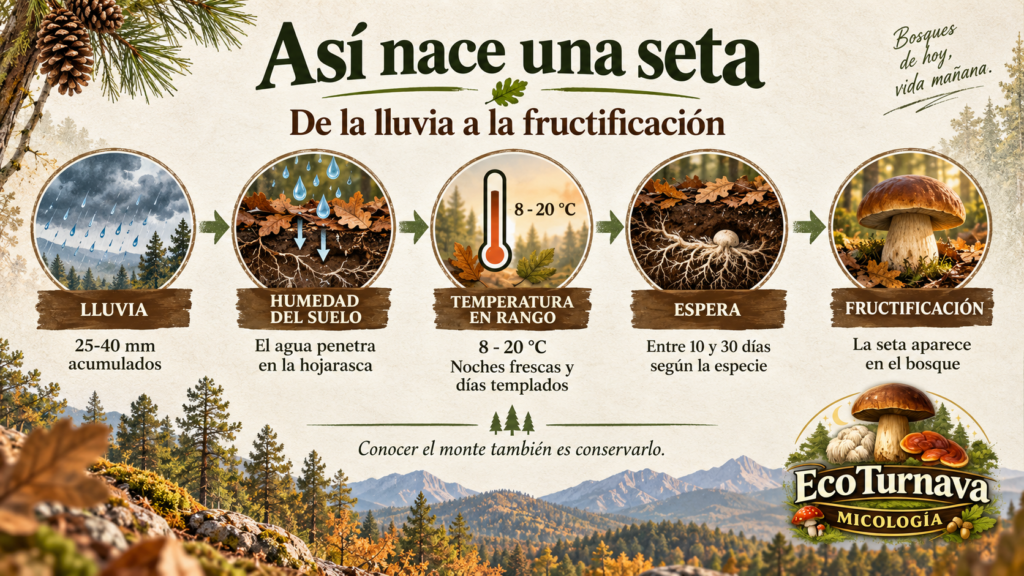 LLUVIA → HUMEDAD DEL SUELO → TEMPERATURA → ESPERA → FRUCTIFICACIÓN.