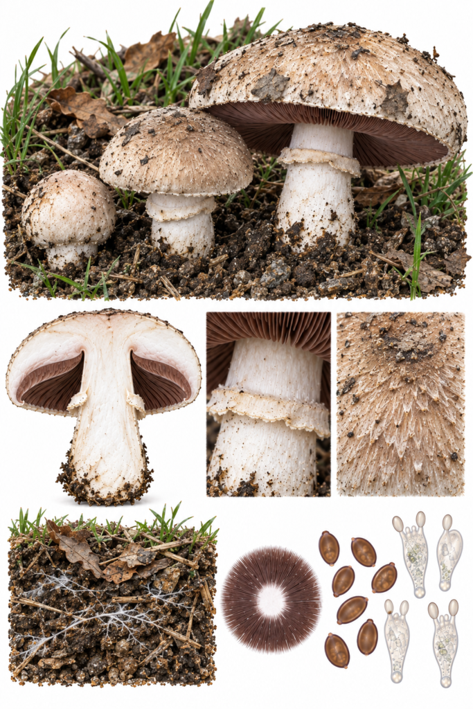 Lámina científica de Agaricus bisporus con ejemplares en distintos estadios, sección longitudinal y caracteres diagnósticos
