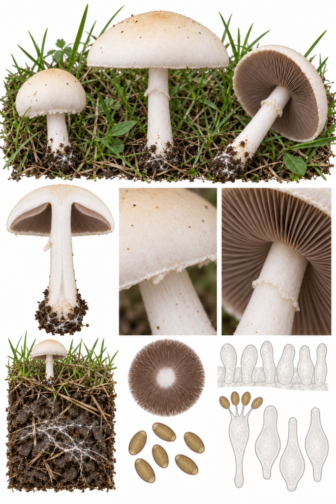 Lámina científica de Agrocybe dura con ejemplares de pradera, caracteres macroscópicos y microscopía