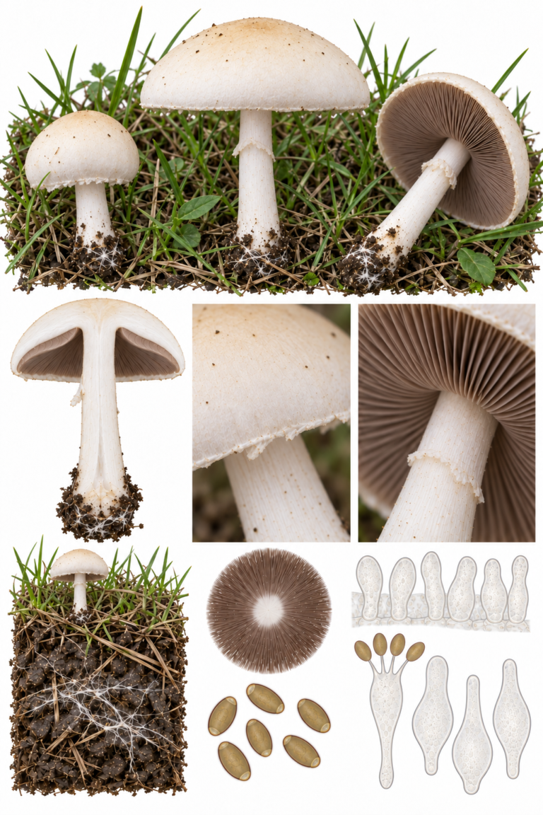 Lámina científica de Agrocybe dura con ejemplares de pradera, caracteres macroscópicos y microscopía